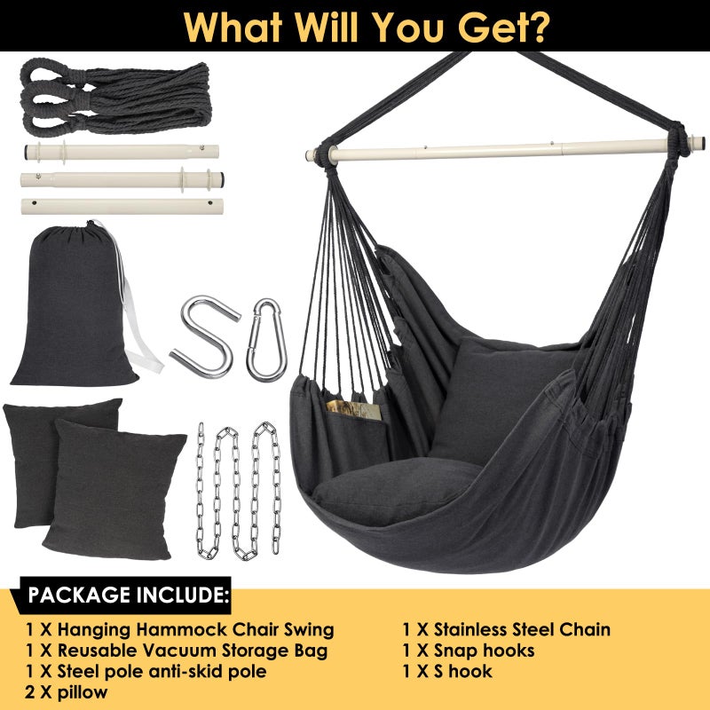 Y- STOP Hammock Chair Hanging Rope Swing Chair, Max 500 Lbs, 2 Seat Cushions Included, Removable Steel Spreader Bar with Anti-Slip Rings, Hardware kit-for Indoor Outdoor(Dark Grey) pcs - Image 3